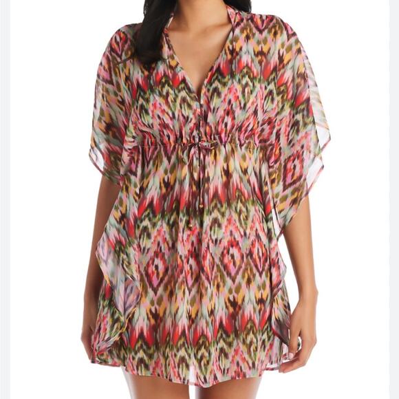 Akiko Tunic Dress Women's 100% SIlk Mini Cover Up Purple Black Small V Neck - Picture 2 of 6